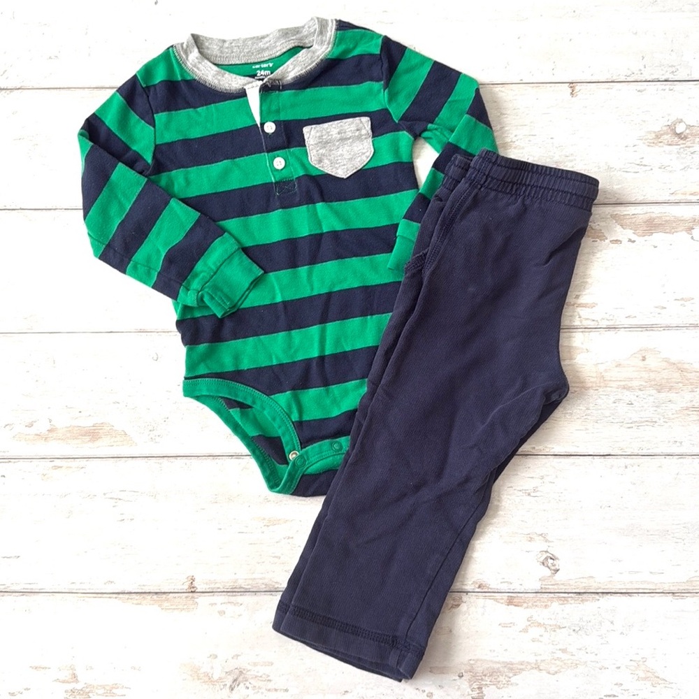 Carters 24m Baby Boy Rugby Stripes Henley Polo Onesie Bodysuit Navy Blue Pants